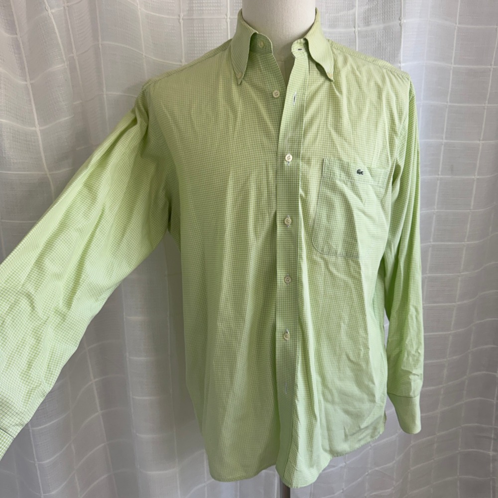 Lacoste Mens Button Down Shirt Lime Green White Micro Check Logo Size 42 L